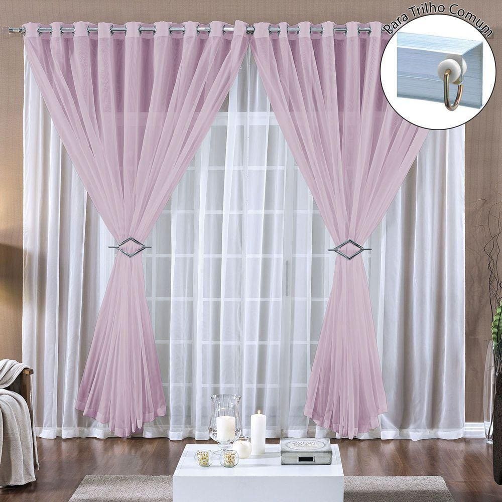 Cortina Paula 3,00M X 2,80M Rosa Para Trilho Comum Tecido Voal Leve Clean