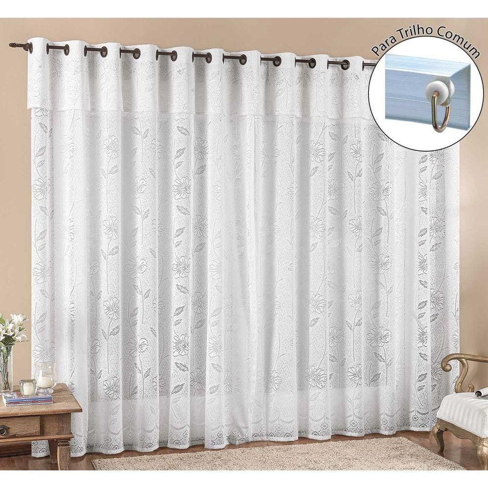 Cortina Luna 2 Metros Para Trilho Comum Branca Renda Floral Sala Ou Quarto
