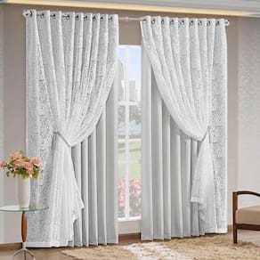 Cortina Monalisa 3,00M X 2,50M Varão Simples Tecido Blackout Com Renda Floral - Gelo