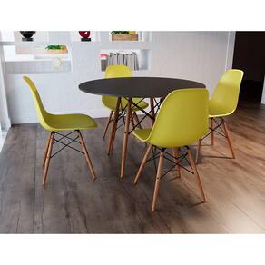 Conjunto de Mesa de Jantar Eames Eiffel Redonda 90cm Tampo de Madeira Preto com 4 Cadeiras Amarelas