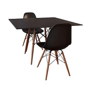 Conjunto de Mesa de Jantar Eames Eiffel Quadrada 90cm Tampo de Madeira Preto com 2 Cadeiras Pretas