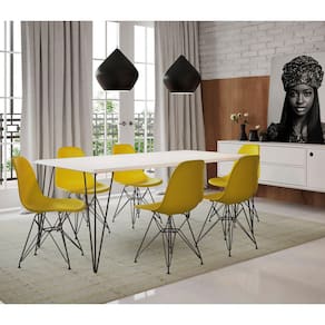 Conjunto de Mesa Eames Clips de Ferro Preto Tampo Branco 135x75 6 Cadeiras Preta Assento Amarelo