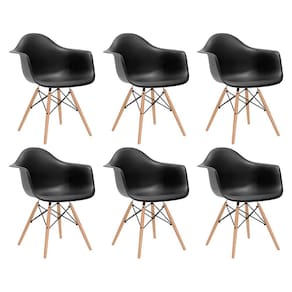 Kit 6 Poltronas Eames de Madeira com Braço Daw com Assento Preto