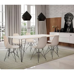 Mesa Sala de Jantar Industrial Clips Branca 135x75 com 6 Cadeiras Eiffel Brancas de Ferro Preto