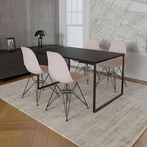 Mesa Industrial Base Ferro Preto 137x90 Tampo Preto 4 Cadeiras Eiffel Ferro Preto Assento Branco