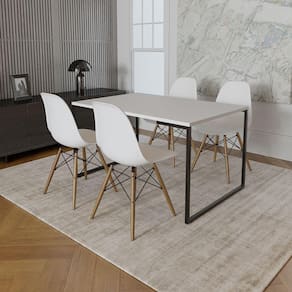 Mesa Industrial Base de Ferro Preto 137x90 Tampo Branco 4 Cadeiras Eiffel Madeira Assento Branco