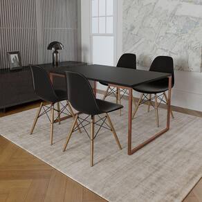 Mesa Industrial Base Ferro Cobre 137x90 Tampo Preto 4 Cadeiras Eiffel Madeira Assento Preto