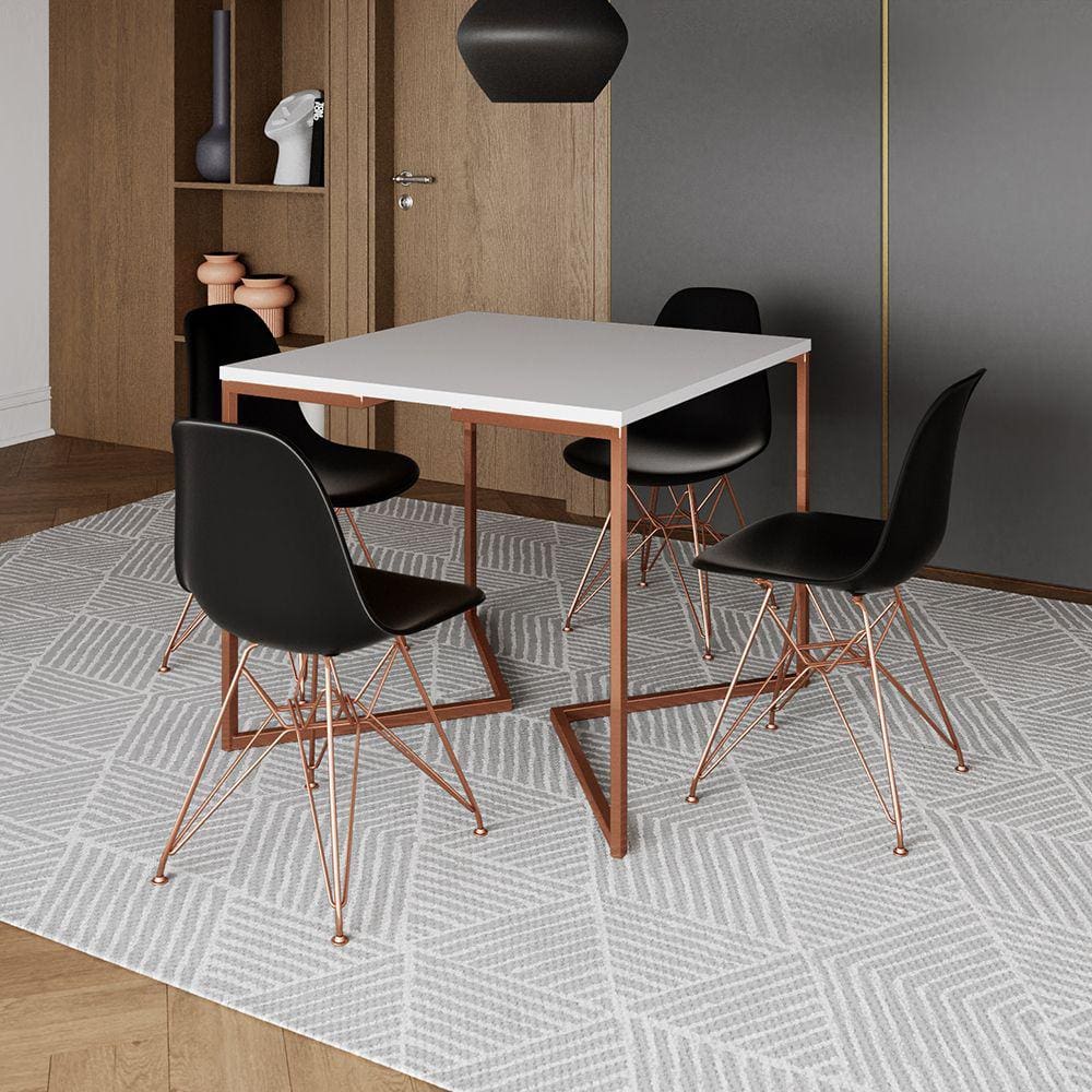 Mesa Jantar Industrial Quadrada 90cm Branca Base Cobre V com 4 Cadeiras Pretas Eames Eiffel Pés Cobr