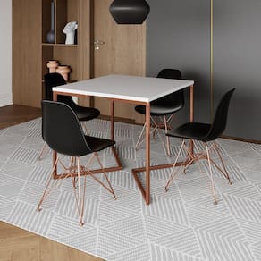 Mesa Jantar Industrial Quadrada 90cm Branca Base Cobre V com 4 Cadeiras Pretas Eames Eiffel Pés Cobr