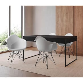 Mesa Jantar Industrial Filadélfia Preta 137x90cm com 4 Poltronas Eames Eiffel Brancas Base Ferro Pre