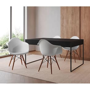 Mesa Jantar Industrial Filadélfia Preta 137x90cm Base Ferro Preto com 4 Poltronas Brancas Eames Eiff