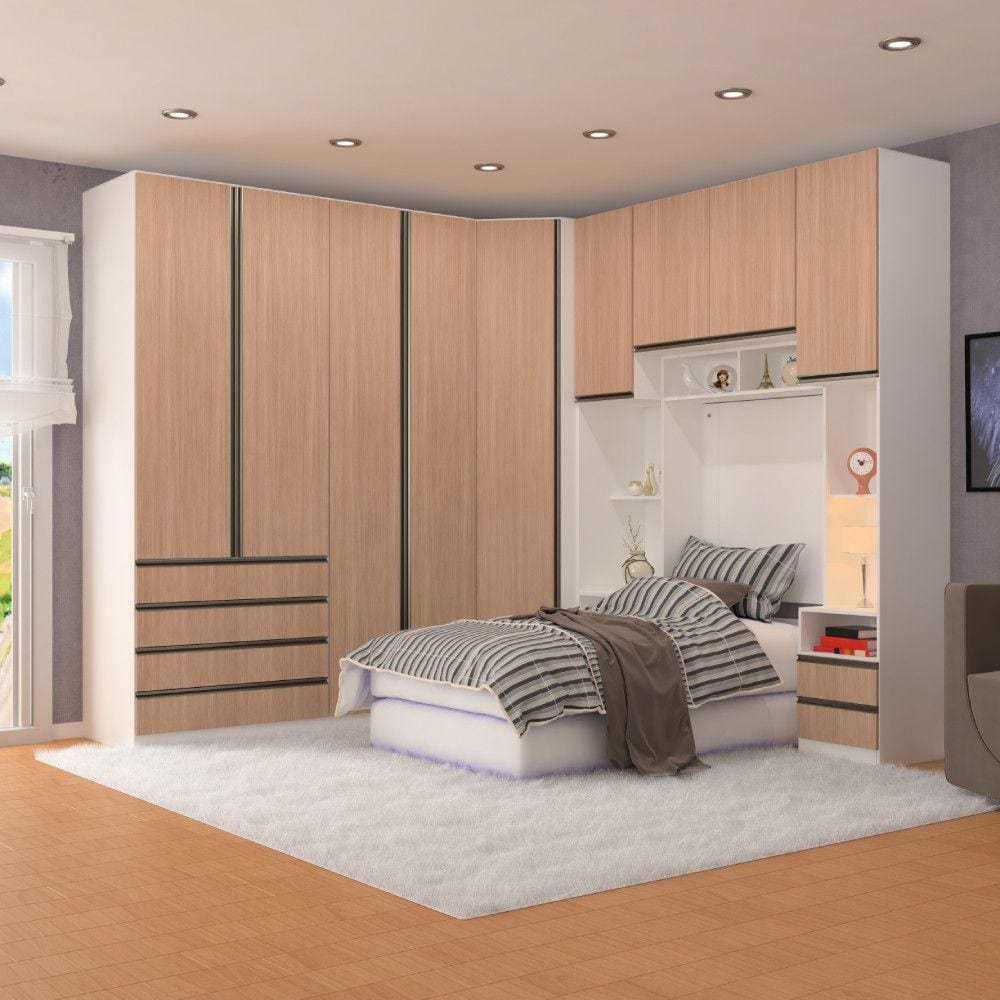 Quarto Completo de Canto Solteiro com 7 Módulos Prime Plus Luciane Móveis