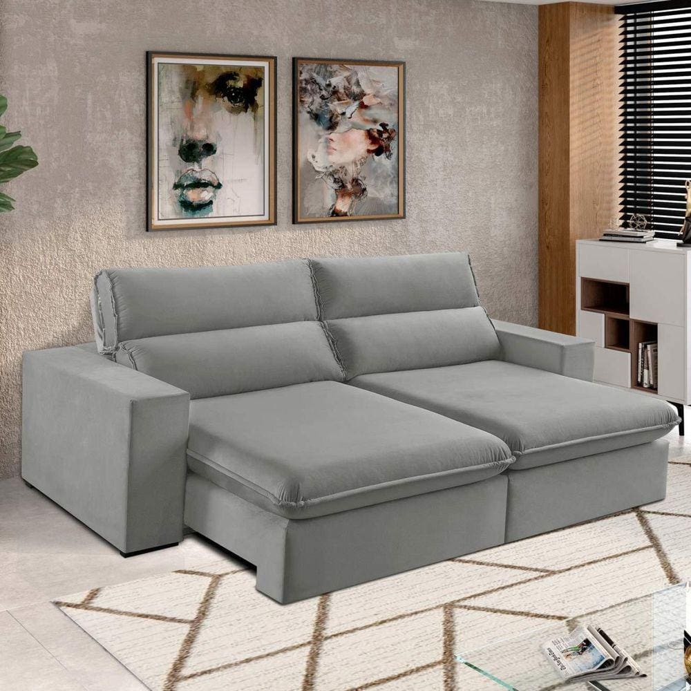 Sofá 4 Lugares 250cm Retrátil e Reclinável Free Veludo Cinza prateado