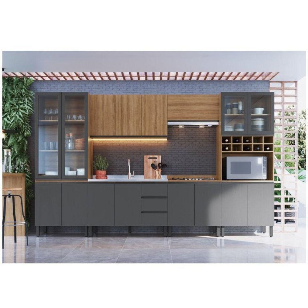 Cozinha Modulada 7 Peças Tampo Aéreo 3 Portas Balcão Paneleiro Cambará Quiditá Montana/Grafite