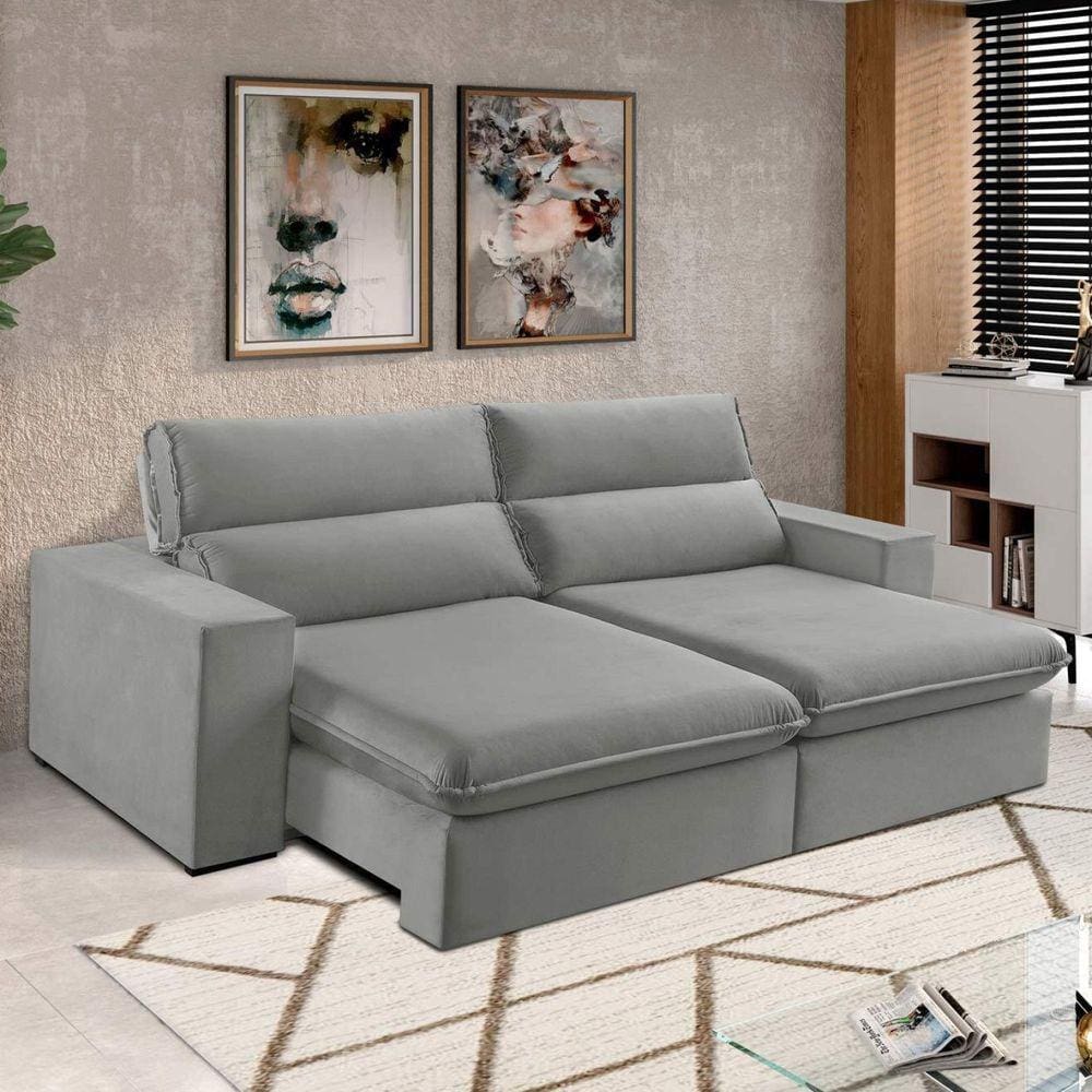 Sofá 4 Lugares 290cm Retrátil e Reclinável Free Veludo Cinza prateado