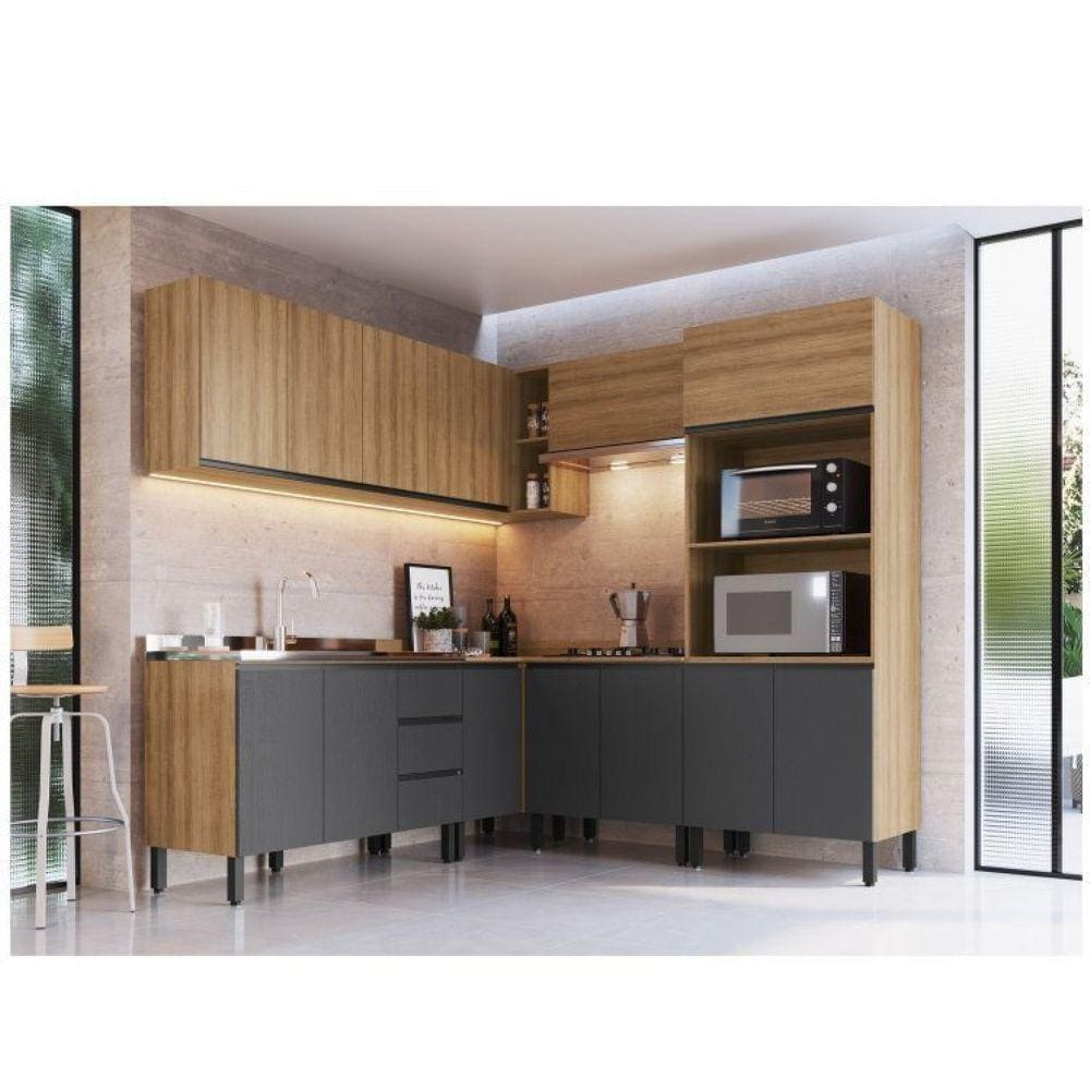 Cozinha Modulada 9 Peças Tampo Aéreo 3 Portas Balcão Canto Paneleiro Angico Quiditá Montana/Grafite