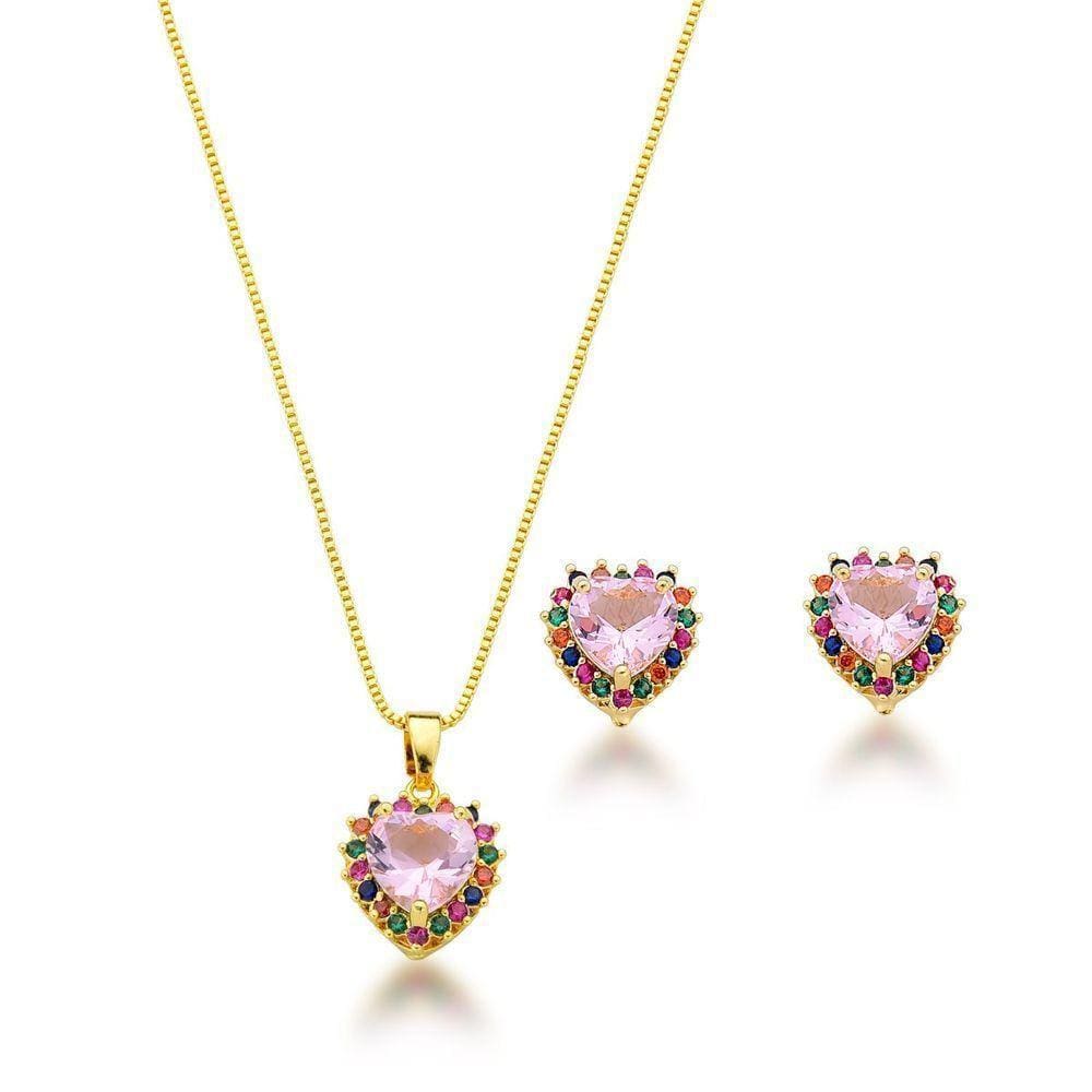 Conjunto Colar E Brincos Coração Rosa E Zirconias Coloridas Banhadas Ouro 18k - 45cm