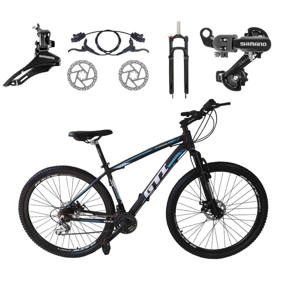 Bicicleta Aro 29 GTI Roma Shimano 24v K7 Freio a Disco Hidráulico Garfo Com Trava - Preto\Azul