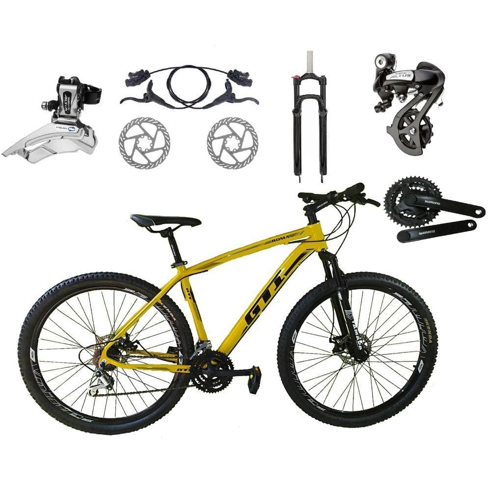 Bicicleta Aro 29 GTI Roma Câmbios Shimano Altus 24v K7 Alumínio Freios Hidráulicos Garfo Com Trava - Amarelo