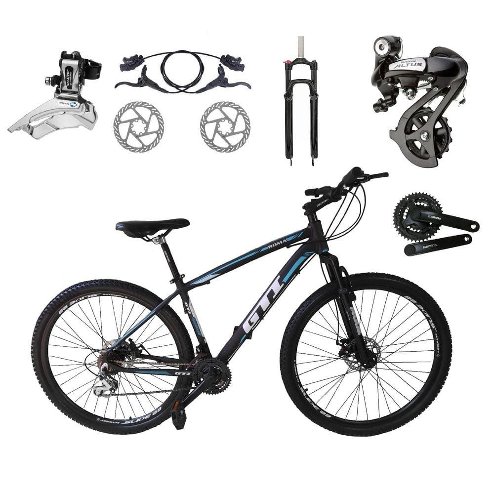 Bicicleta Aro 29 GTI Roma Câmbios Shimano Altus 24v K7 Alumínio Freios Hidráulicos Garfo Com Trava - Preto\Azul