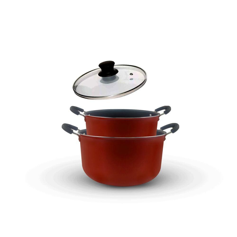 Kit com 2 Caçarolas Grande Dona Chefa Anti Aderente Tampa de Vidro 24cm 26cm Vermelho