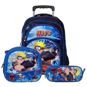 Kit Mochila De Rodinhas Grande Menino Naruto Aula + Toalha