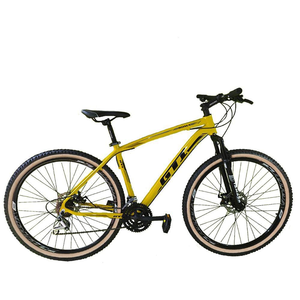 Bicicleta Aro 29 Gti Roma Alumínio 27v Freio a Disco Mecânico Garfo com Suspensão Pneu com Faixa Bege - Amarelo