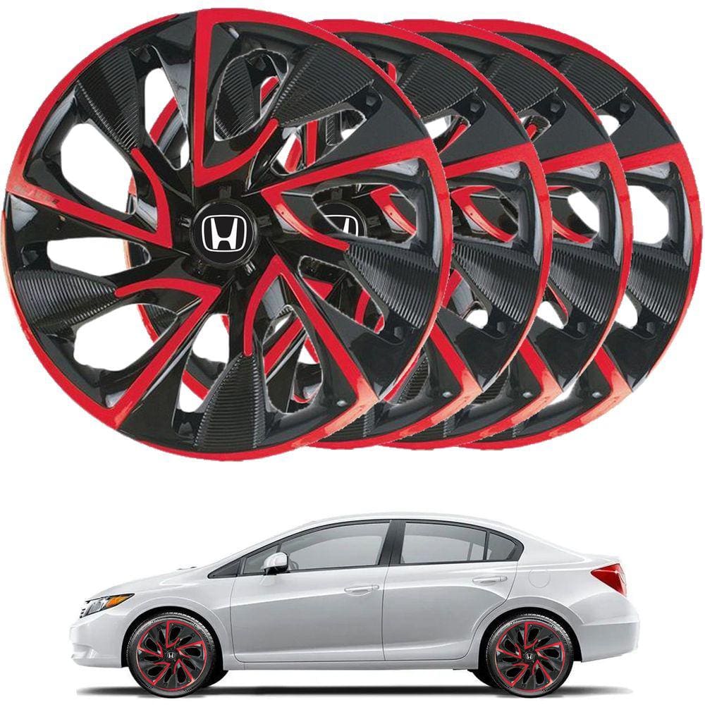 Jogo 04 calota Preto e vermelho aro 14 Honda City Civic Fit Accord com emblema incluso