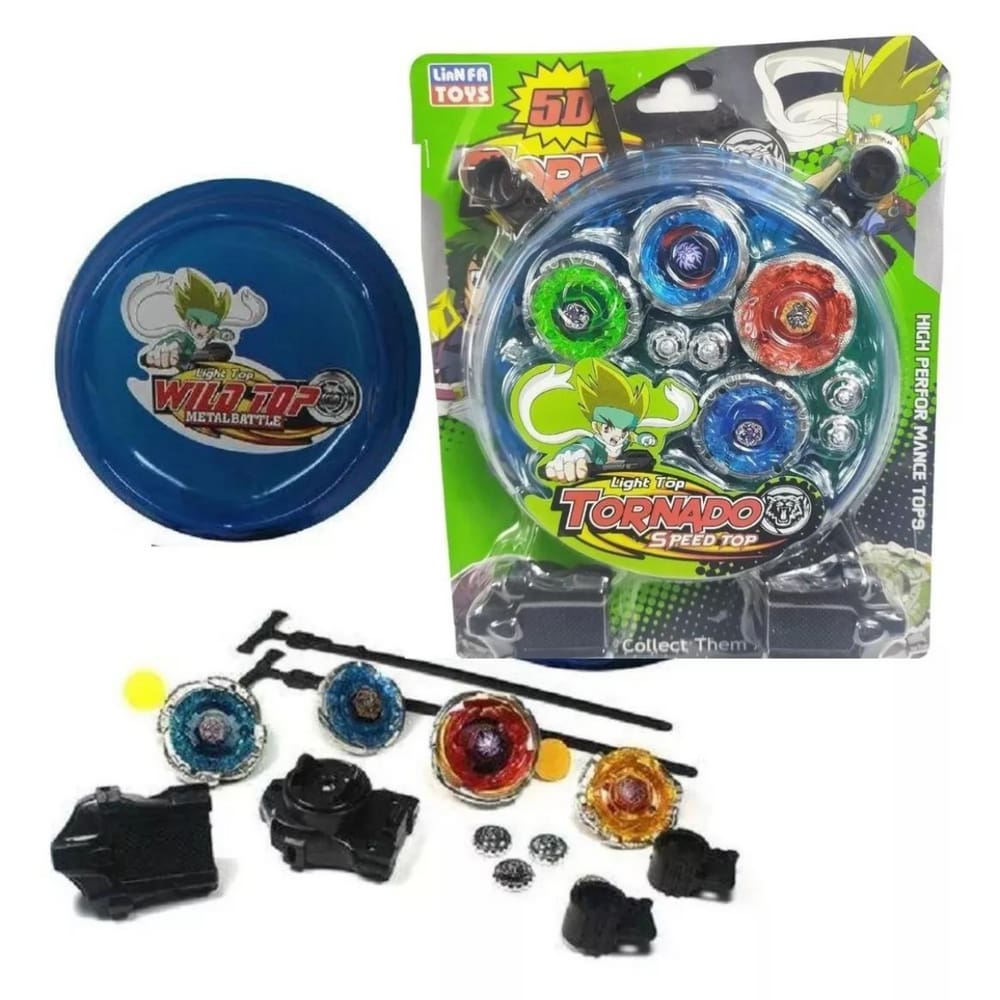 Batalha com 4 beyblade Metal a Led + 2 lançadores + Arena