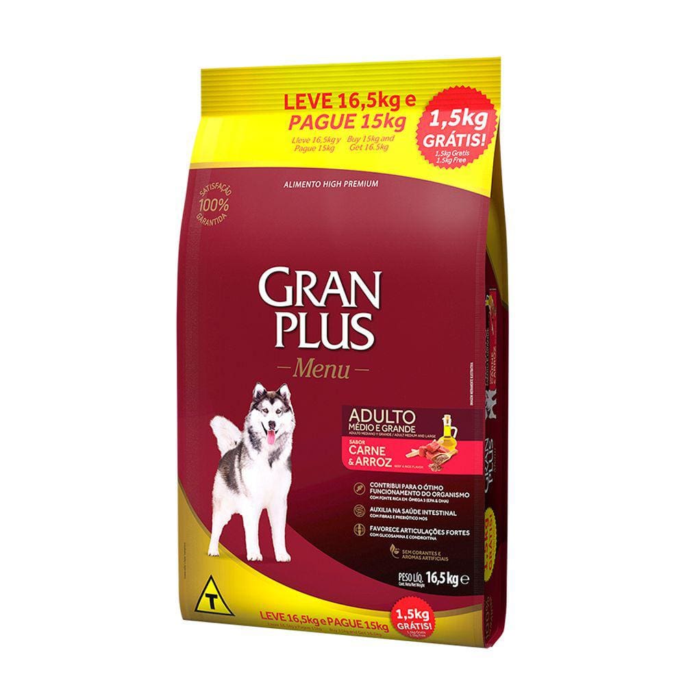 Ração Gran Plus Menu Cães Adultos Porte Médio e Grande Carne e Arroz Leve 16,5kg e Pague 15kg