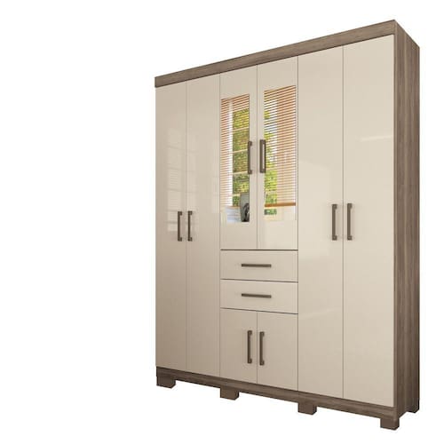 Guarda Roupa Roupeiro Quarto Dormitório Solteiro Casal Verona 8 Portas 2 Gavetas com Espelho Branco