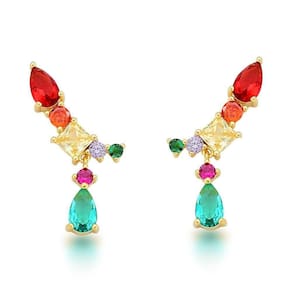 Brinco Earcuff Com Gota Verde Banhado A Ouro 18k - Verde Claro