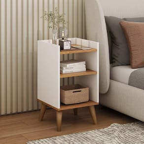 Mesa de Cabeceira Retrô com Pés Palito em Madeira Maciça Prateleiras e Borda Superior Branco/Freijó