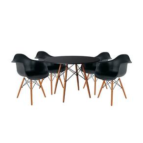 Mesa de Jantar Redonda Eiffel Eames em Madeira 110cm Preta com 4 Poltronas Pretas