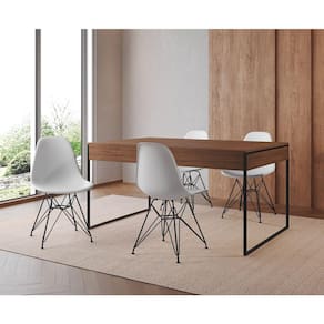 Mesa Jantar Industrial Retangular Filadélfia 137x90cm Amêndoa com 4 Cadeiras Brancas Eames Base Ferr