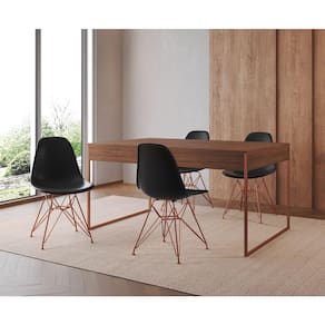 Mesa Jantar Industrial Retangular Filadélfia Amêndoa 137x90cm com 4 Cadeiras Eames Pretas Base Cobre