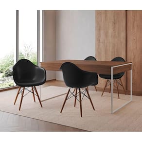 Mesa Jantar Industrial Filadélfia Amêndoa 137x90cm Base Ferro Branco com 4 Poltronas Pretas Eames Ei