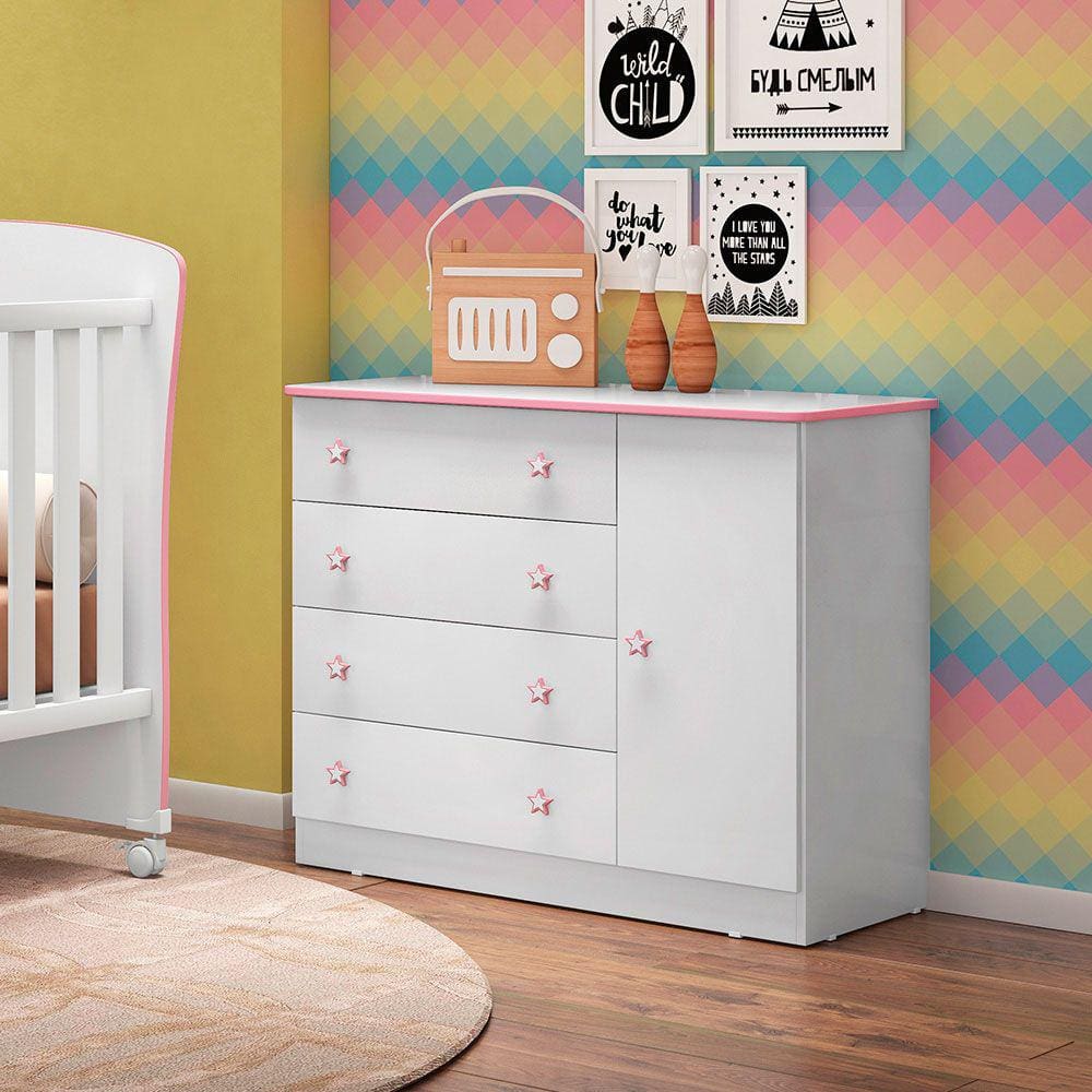 Cômoda Infantil Com Sapateira 1 Porta e 4 Gavetas Doce Sonho Cor Branco Rosa - Qmovi