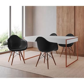 Mesa Jantar Industrial Filadélfia Branca 137x90cm Base Cobre com 4 Poltronas Pretas Eames Eiffel Mad