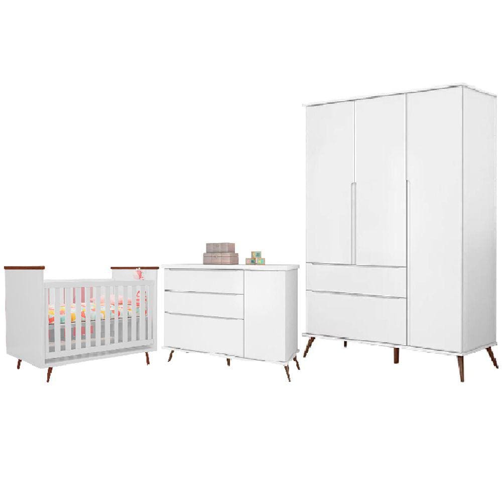 Quarto de Bebê Melissa Retro com Berço Baby Wood Cor Branco - Phoenix Baby