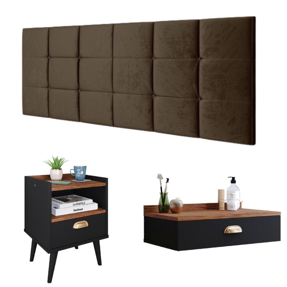 Kit Quarto Penteadeira Suspensa Gloss Mesinha Lateral Estilo Preto|Freijó Cabeceira Cama Box Casal Bia 1.40 Marrom Suede - RPM Móveis