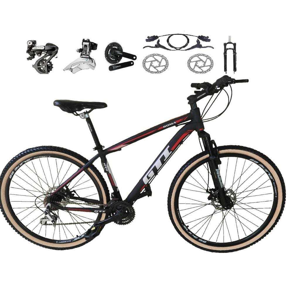 Bicicleta aro 29 Gti Roma Shimano Altus 24V Freio a Disco Hidráulico Garfo com Trava Pneu com Faixa Bege - Preto\Vermelho