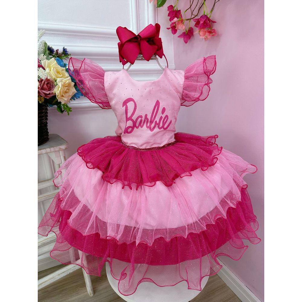 Vestido Infantil meninas Barbie rosa aniversário temático - LUXO