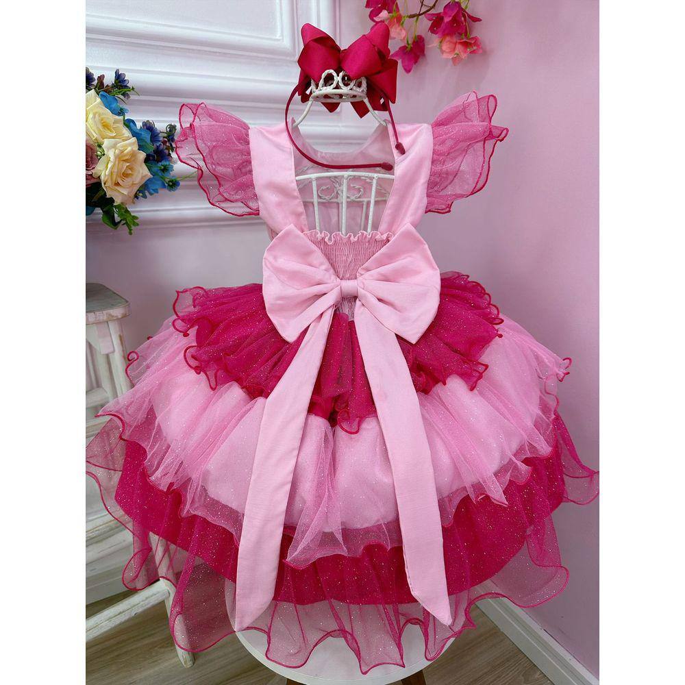 Vestido Infantil Barbie Rosa Pink Brilho Aniversário Temático