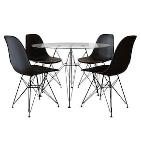 Conjunto Mesa Jantar Eames Eiffel 90cm Redonda Vidro com 4 Cadeiras Pretas Base Ferro Preto
