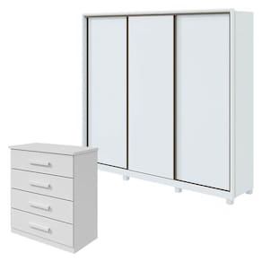 Guarda Roupa Spazio 270 com Pés e Cômoda Baião Branco Brilho - Lopas