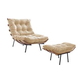 Poltrona Costela Em Couro Natural Com Puff Bege Cor Bege