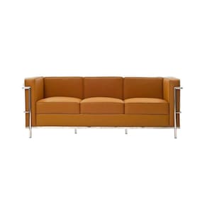 Sofa Le Corbusier De 3 Lugares Cromado Em Sintético Caramelo Cor Amarelo