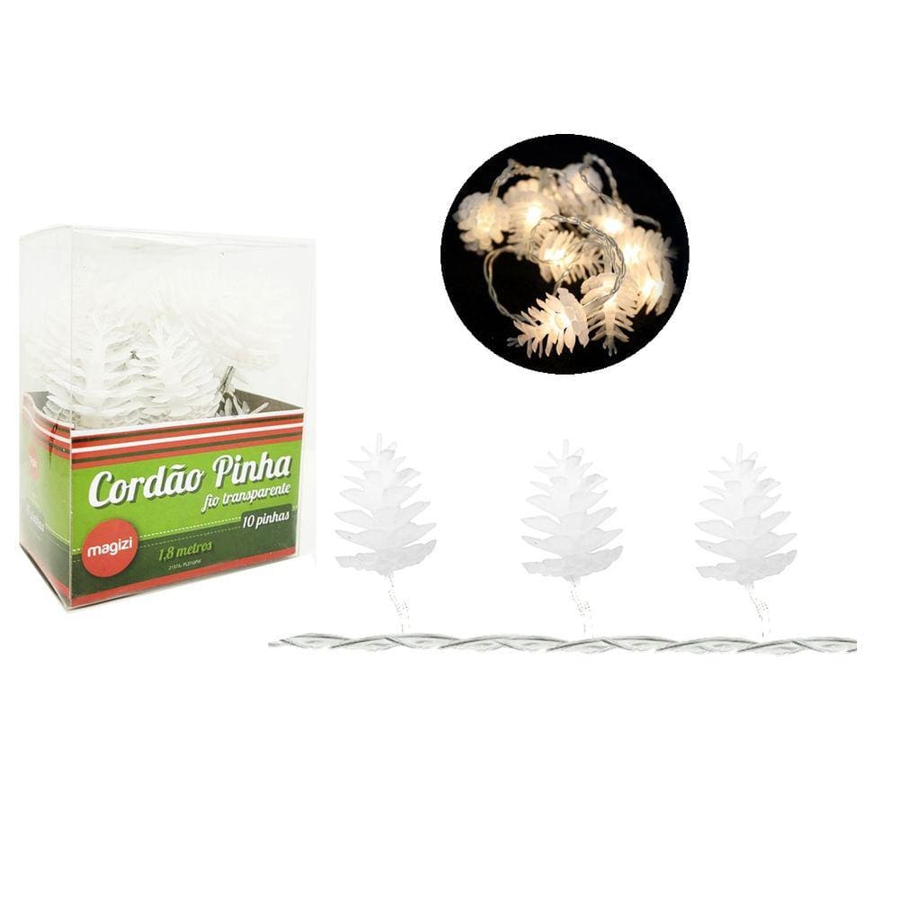 Cordão 10 Pinhas LED Branco Quente Decoração de Natal 1,80m à Pilha - Magizi
