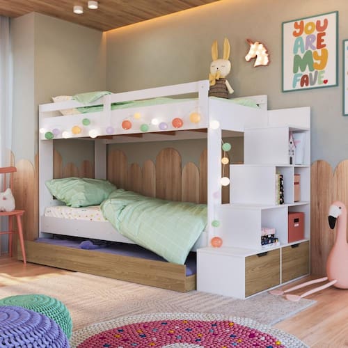 imagem-Cama Treliche Infantil com Escada e Nichos e Cama Auxiliar Branco Marrom